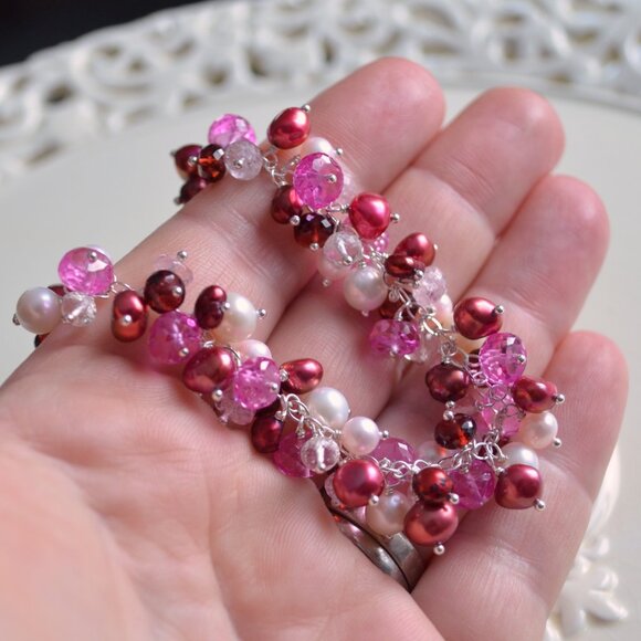 Valentine's Day Cluster Bracelet with Pearls Garnets and Morganite - Picture 2 of 5